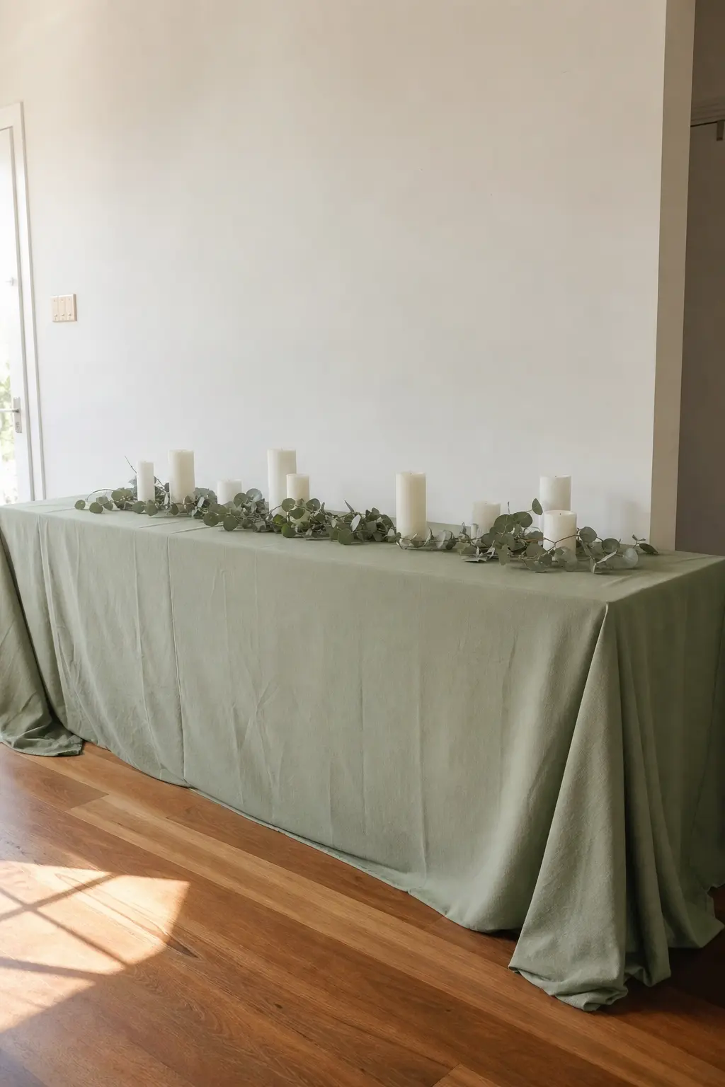 Sage Green and Ivory Minimalist Table — A pared-back table in sage green cloth with ivory candles and a thin eucalyptus garland running down the center keeps