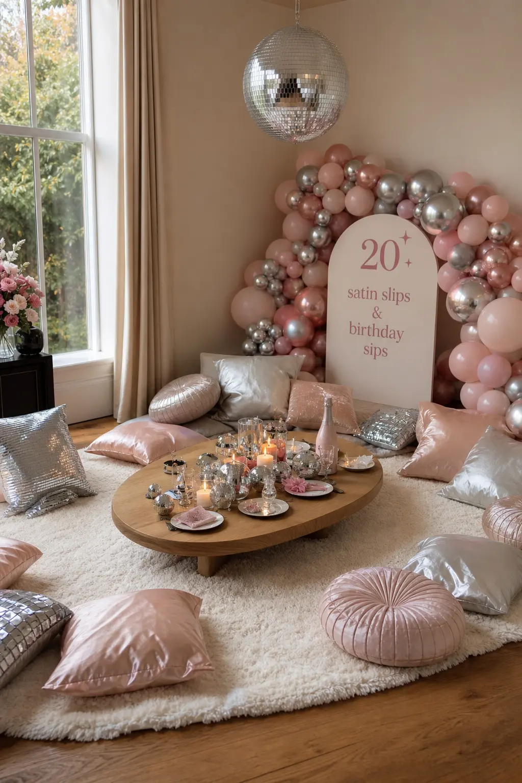 Satin Slip Dress Lounge Night — Silver and blush floor cushions turn a corner of any living room into a low lounge, with a small disco ball hanging overhead to