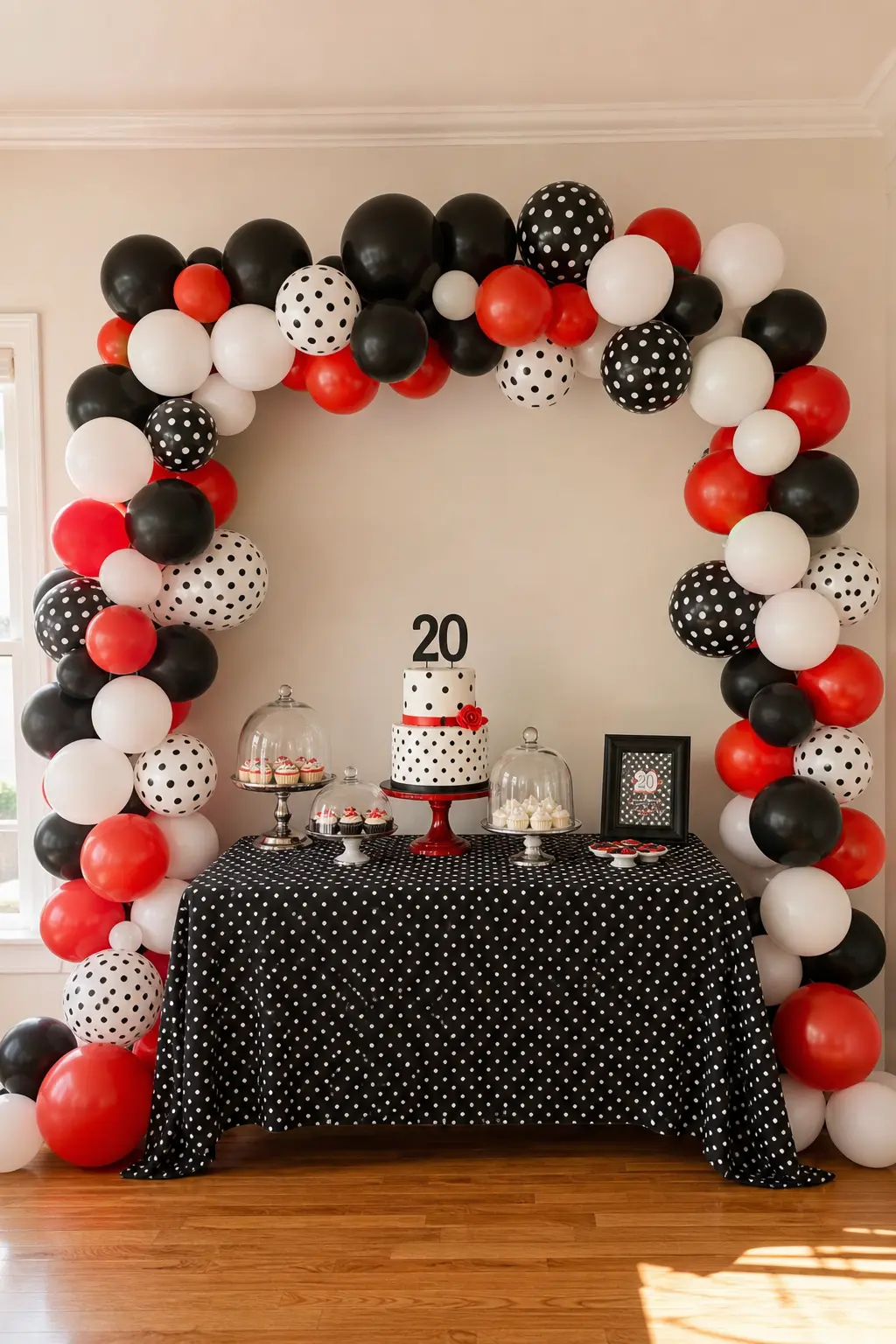 Vintage Pinup Polka Dot Party — Black and white polka dot linens anchor the whole table, with a balloon garland in the same two colors plus a hit of red