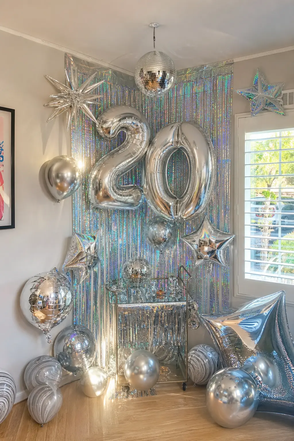 Y2K Chrome Rave Corner — Chrome and silver balloons fill a corner in front of a holographic curtain, with a small disco ball catching cool blue light from a