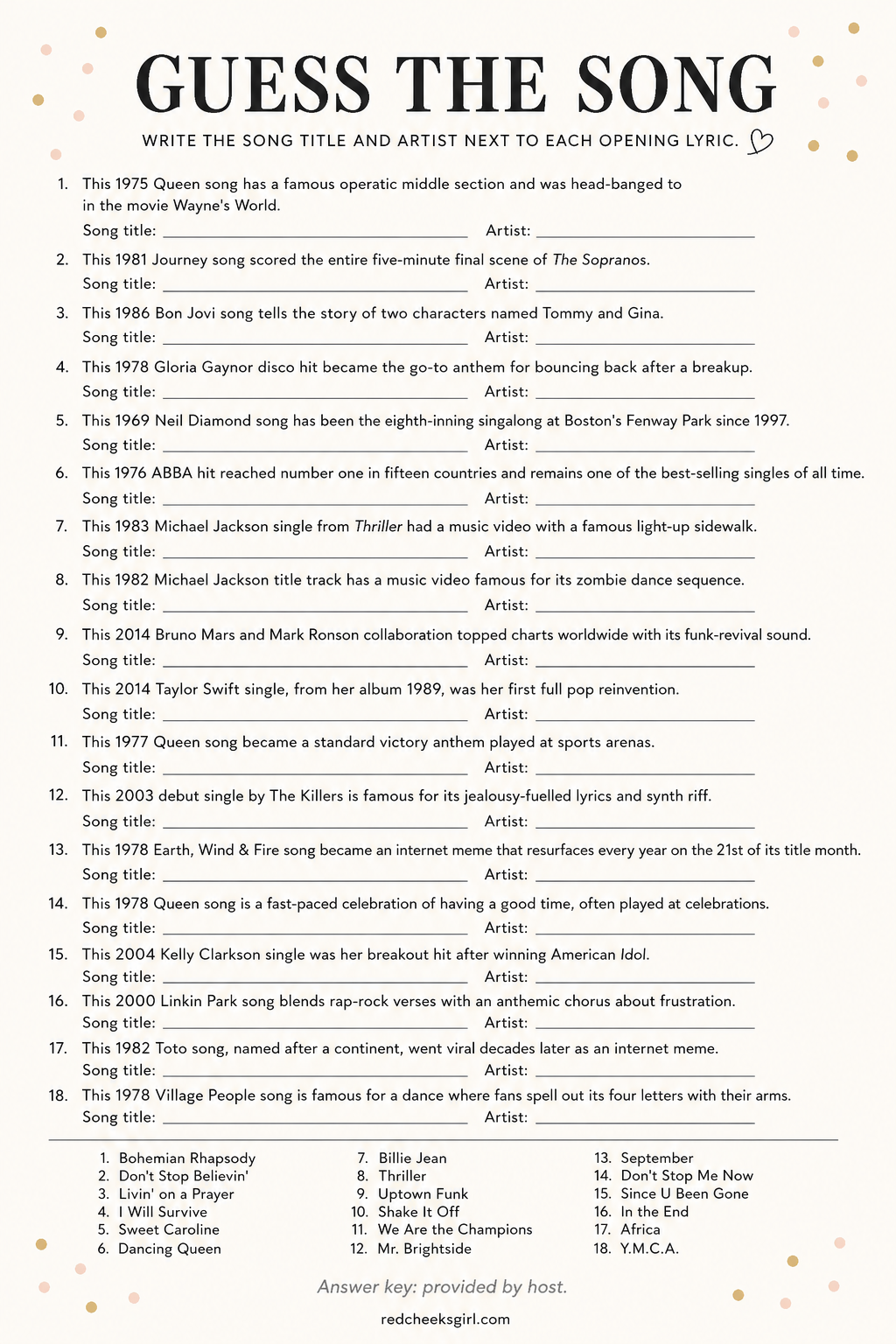 Guess the Song From the First Line printable