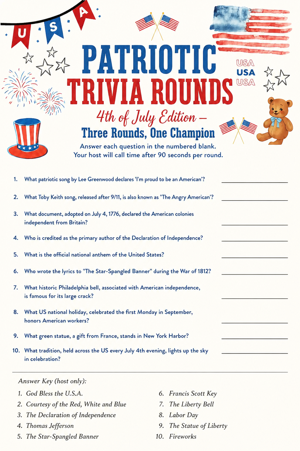 Patriotic Trivia Rounds printable