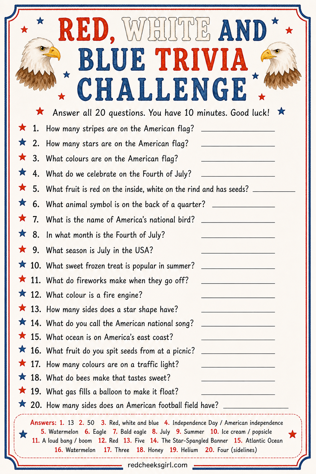 Red White and Blue Trivia Challenge printable