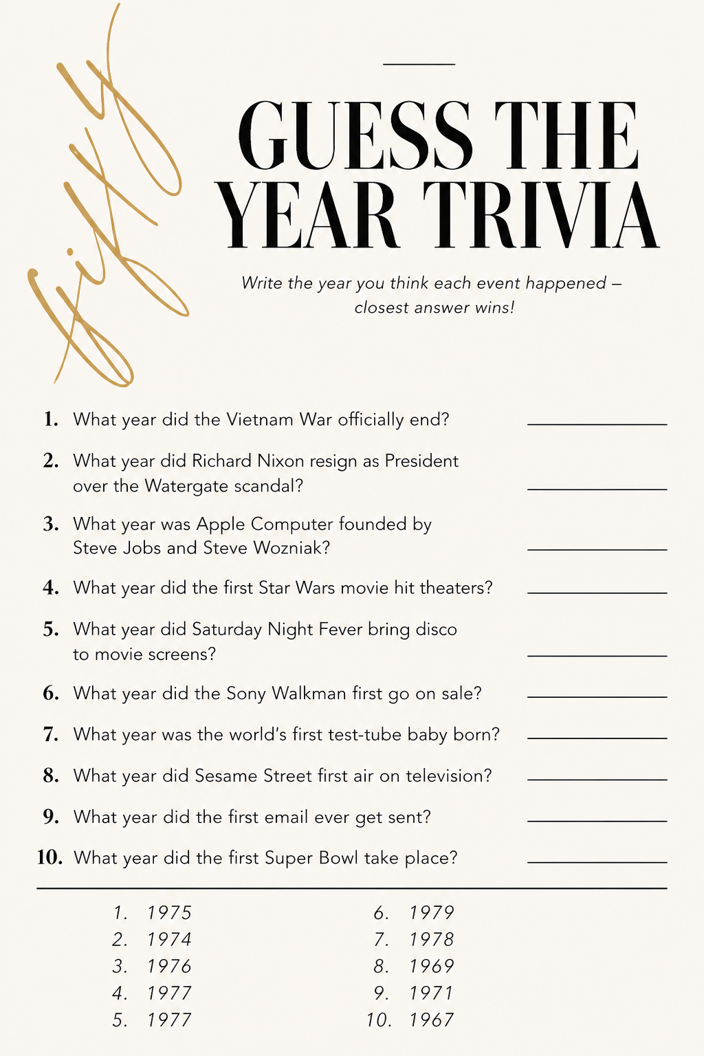 Guess the Year Trivia printable