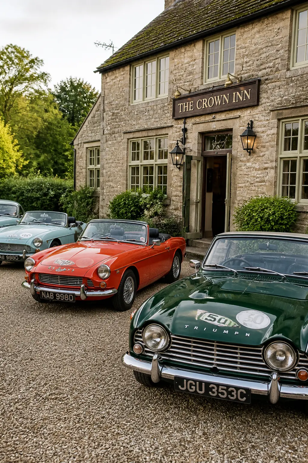 Classic Car Drive Ending at a Pub