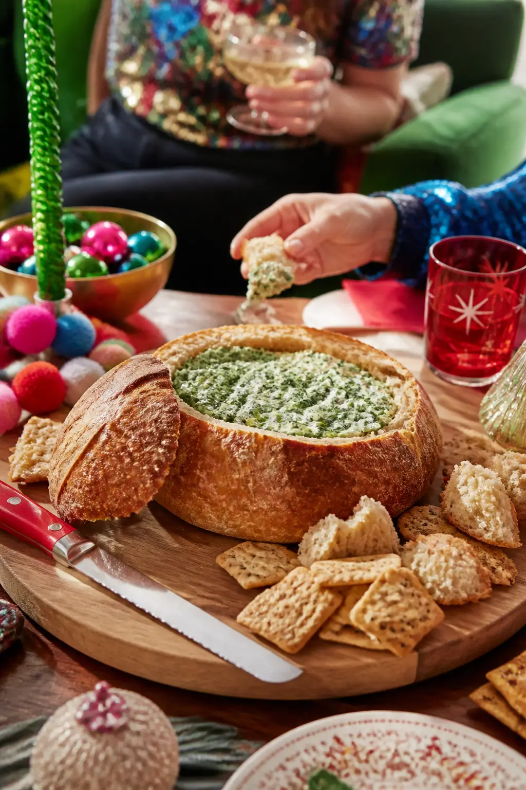 Bread Bowl Spinach Dip — A round sourdough loaf with the top cut off and the interior hollowed out, filled to the brim with warm spinach and artichoke dip, is