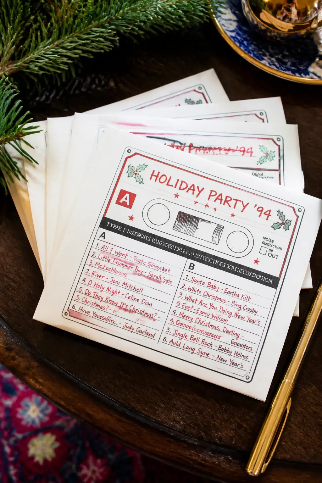 Cassette Tape Playlist Card — A card printed to look like the inlay of a cassette tape, with the party playlist track listing hand-typed in the style of a 90s