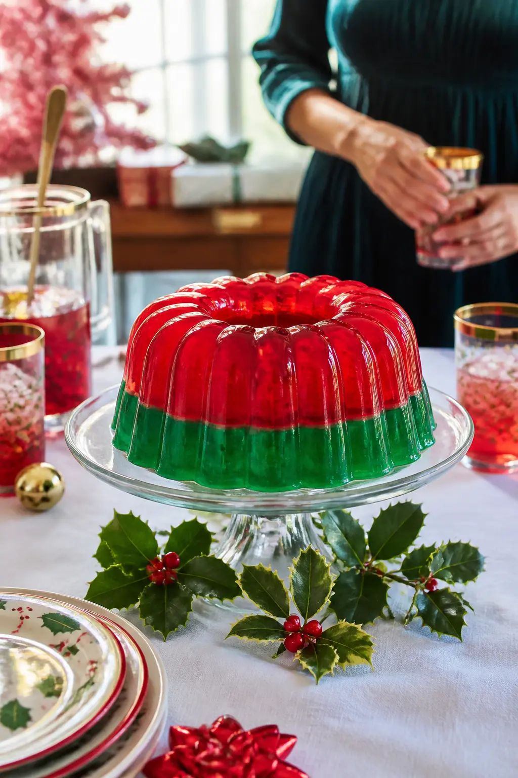 Jello Mould Centrepiece — A two-layer red and green jello mould, turned out onto a glass cake stand, is simultaneously retro, delicious, and unmistakably the