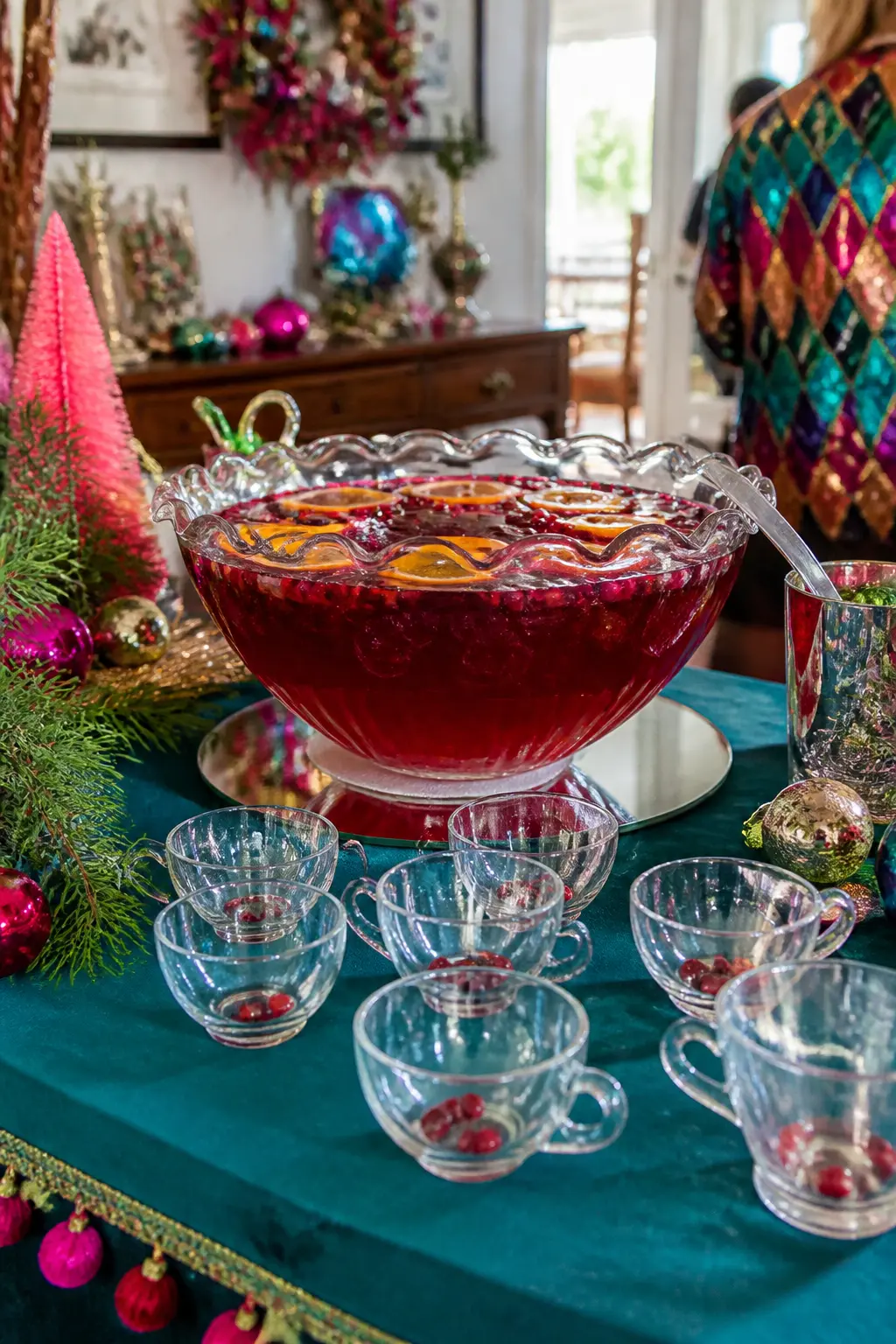 Jewel-Tone Punch Bowl Station — A glass punch bowl filled with a deep cranberry-and-ginger ale punch, served with a ladle and a tray of matching glass cups, is