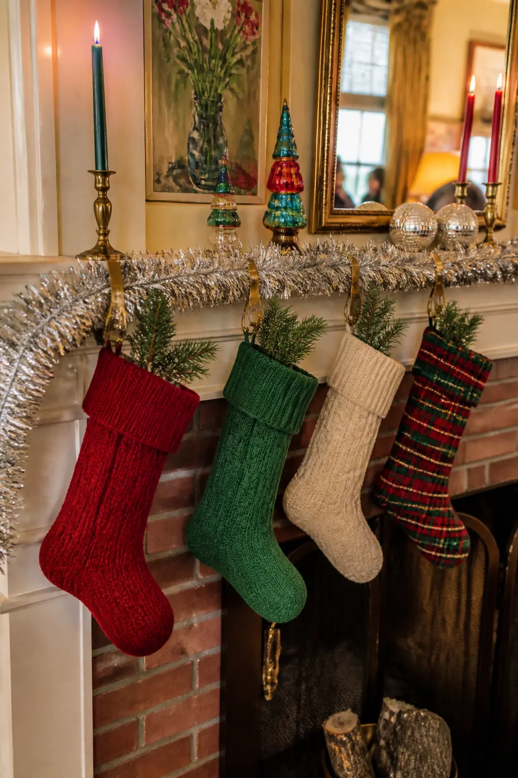 Knit Stocking Mantel Row — A row of chunky knit stockings hung from the mantel in coordinating but not matching colours, each one slightly different in