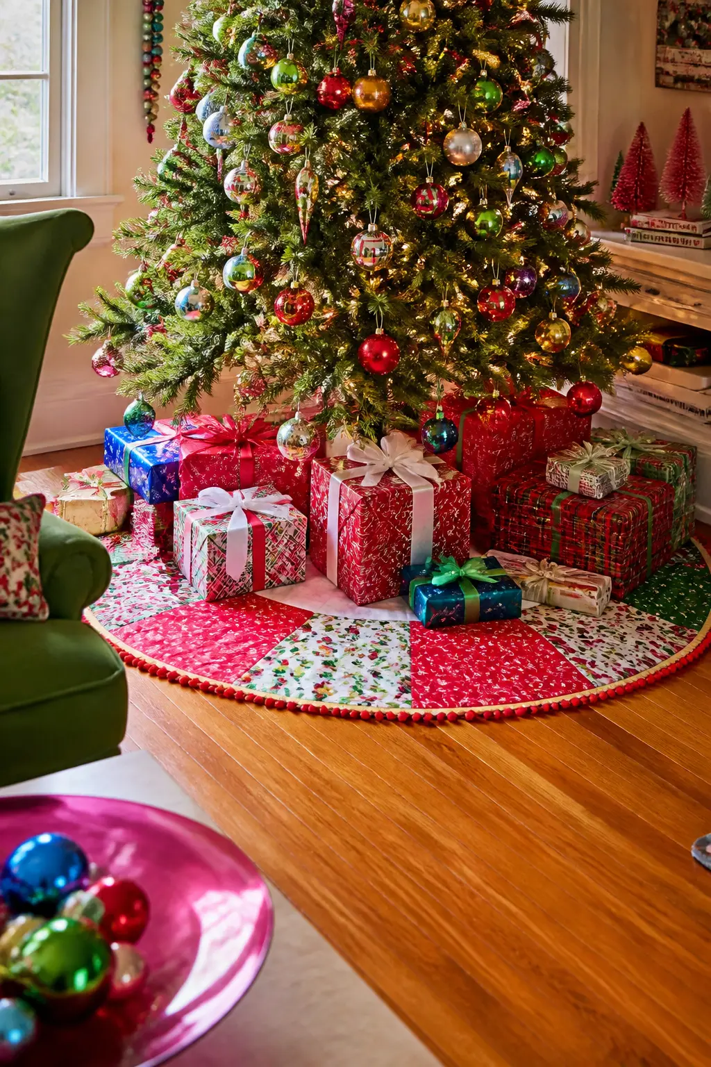 Layered Patchwork Tree Skirt — A quilted tree skirt in patchwork panels of Christmas print fabrics, each panel a different pattern, sewn together and edged in