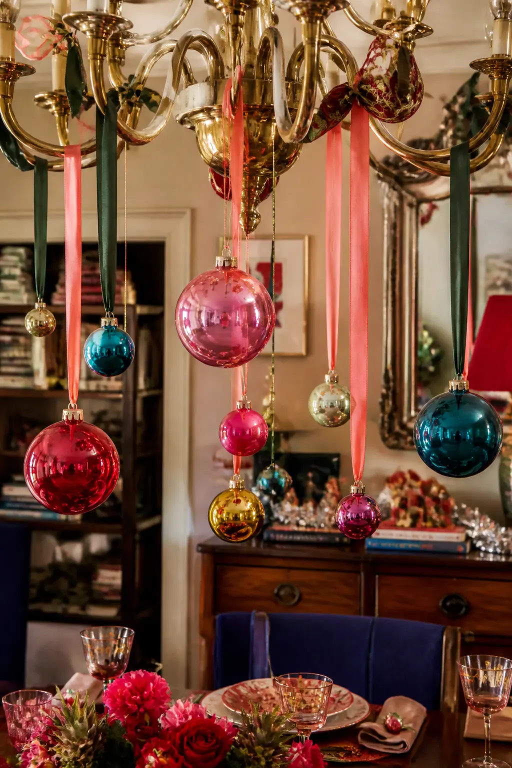 Lighted Chandelier Ornament Drop — Hanging glass ball ornaments and lengths of ribbon from a chandelier or a pendant light, at varying heights, turns a ceiling