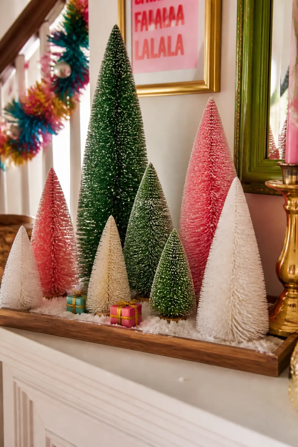 Mini Bottle Brush Tree Forest — A cluster of bottle brush trees in three or four heights, grouped on a small wooden tray or a mirror tile, creates a tabletop