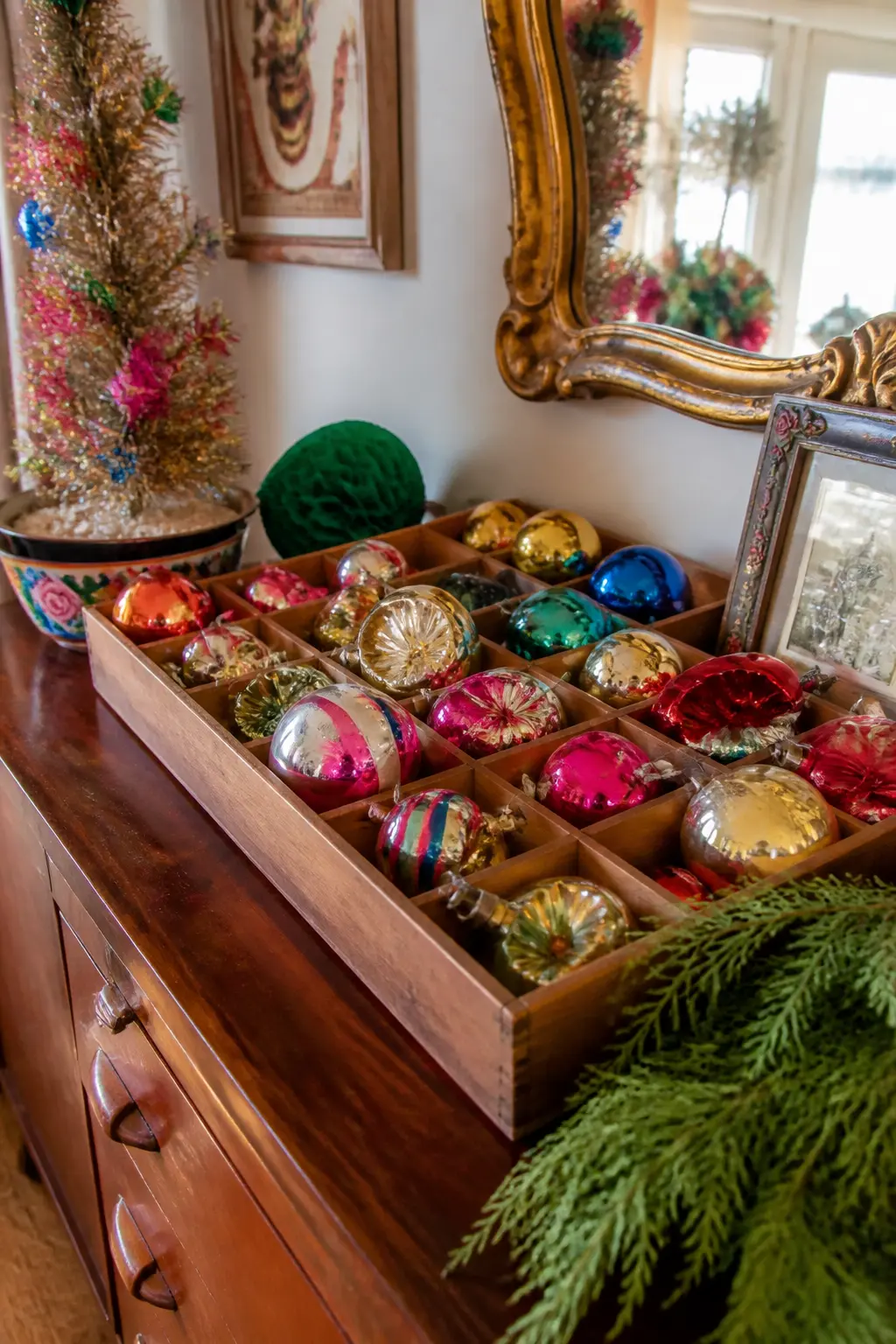 Mixed Vintage Glass Ornament Collection — A wooden tray or shallow box fitted with individual compartments and filled with glass ornaments in every colour and