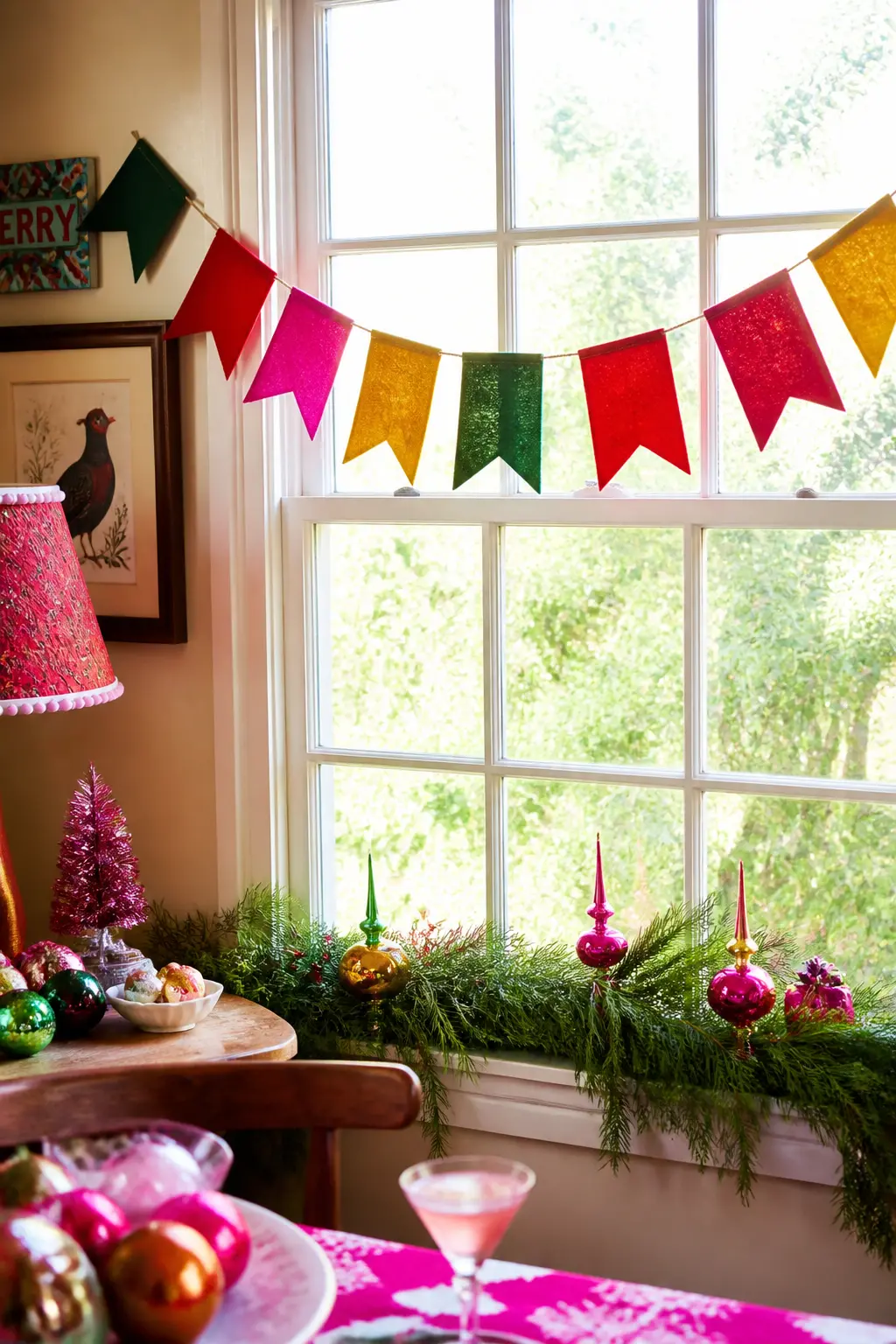 Multicolour Felt Pennant Banner — A banner of felt pennants in red, green, fuchsia, and gold, each one cut in a simple triangle and strung on jute twine