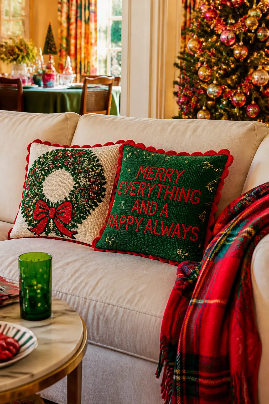 Needle-Point Throw Pillow Display — A needlepoint throw pillow with a Christmas motif, set on a chair or a sofa beside the tree, signals the decade more