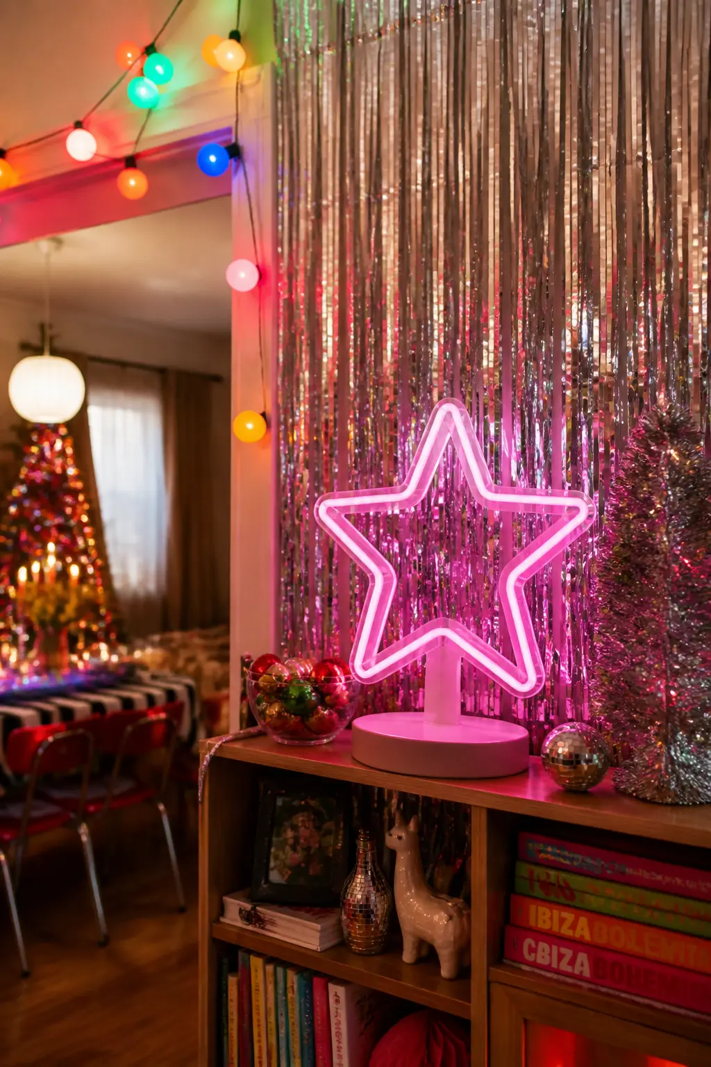 Neon Sign Photo Prop — A small LED neon sign in the shape of a star or the word MERRY in a hot pink or electric blue sits on a shelf or a stool at the photo