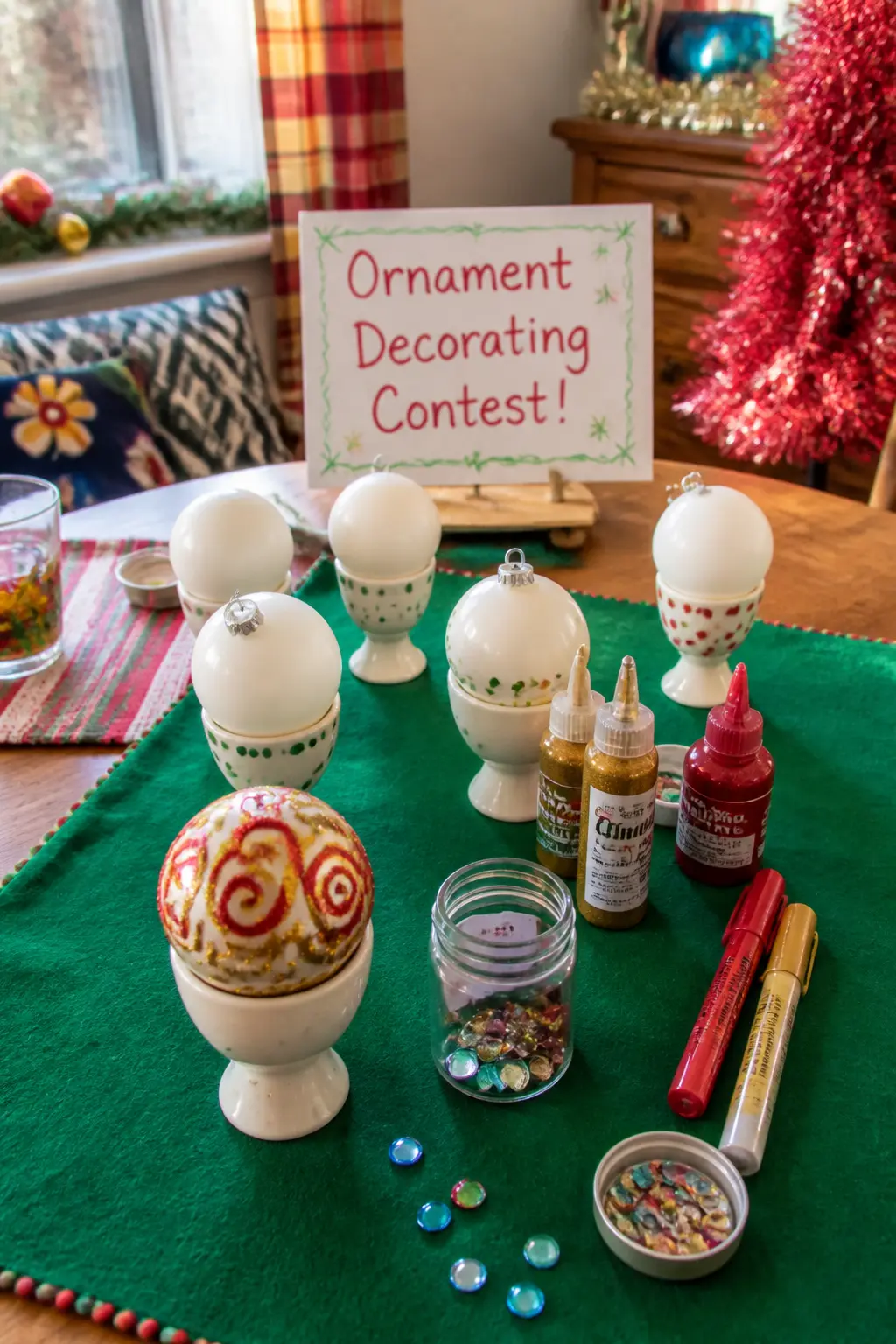 Ornament Decorating Contest — Plain glass ball ornaments, a selection of paint pens, glitter glue, and a pile of stick-on gems, set out at one end of the