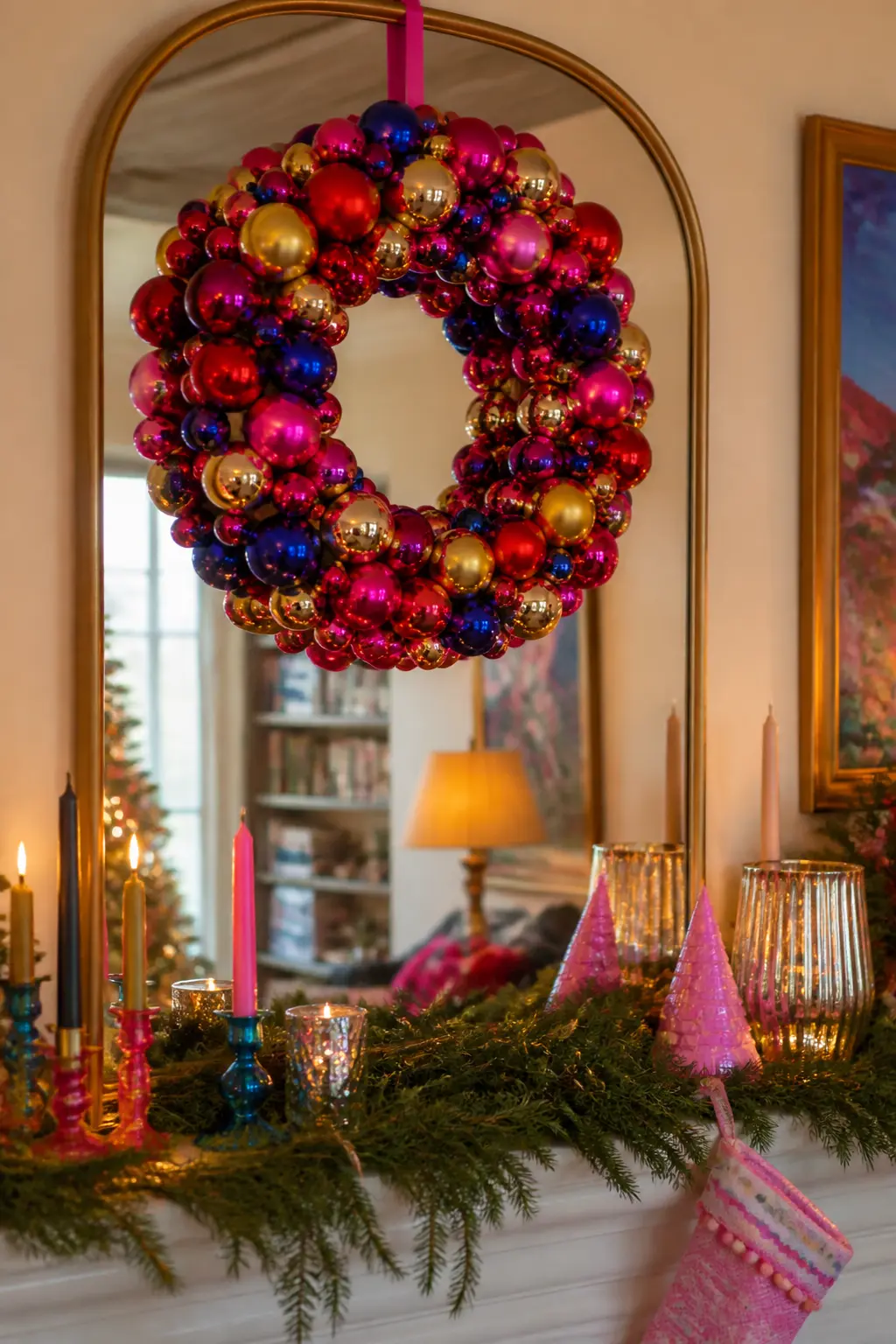 Ornament Wreath in Saturated Brights — A wreath built entirely from shatterproof glass-look ball ornaments in saturated colours, no greenery, just ornaments
