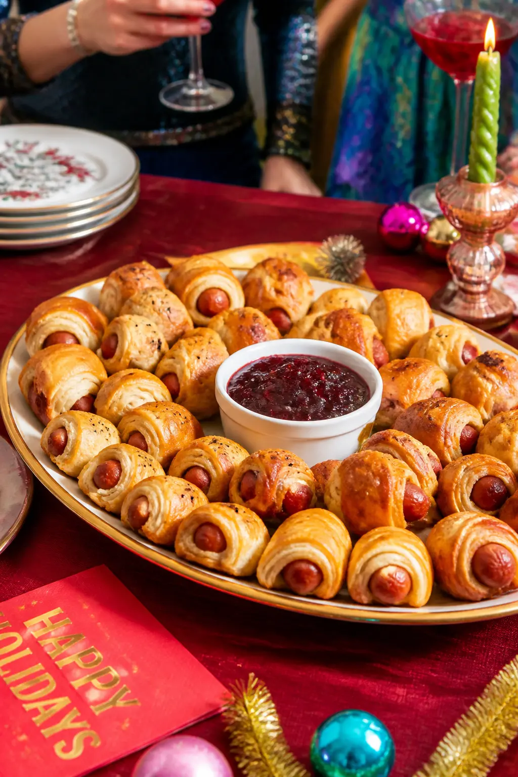 Pigs in Blankets Platter — A large oval platter piled with pigs in blankets, the sausages wrapped in puff pastry and arranged in concentric circles or a simple