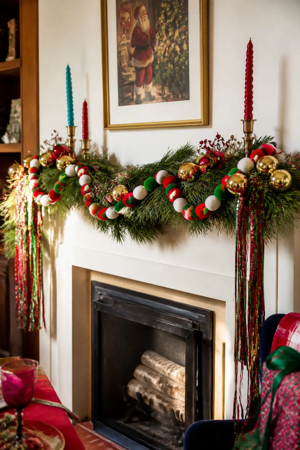 Pom-Pom Trim Mantel Swag — A garland of mixed green pine with multicolour pom-pom trim ribbon woven through it turns a mantel into something that reads as