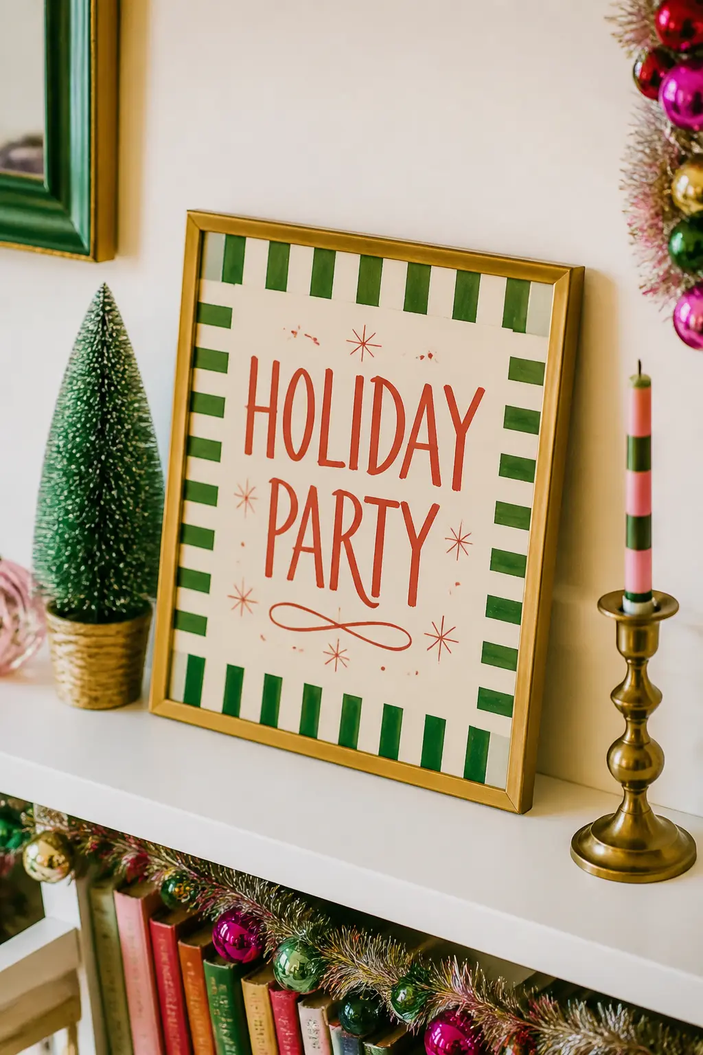 Printed Wall Art in Red and Green — A single framed piece of hand-lettered or illustrated wall art in bold red, green, and cream, leaning against the wall on a
