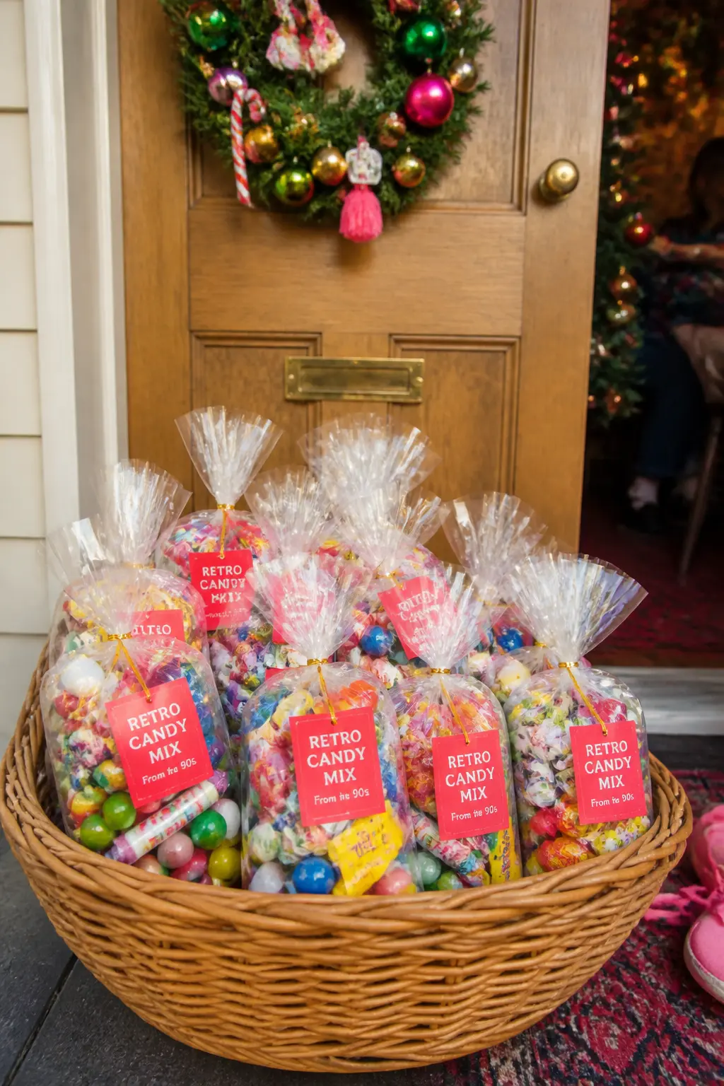 Retro Candy Mix Bags — Small clear cellophane bags filled with retro candy from the decade, sealed with a twist tie and a printed label, land somewhere between