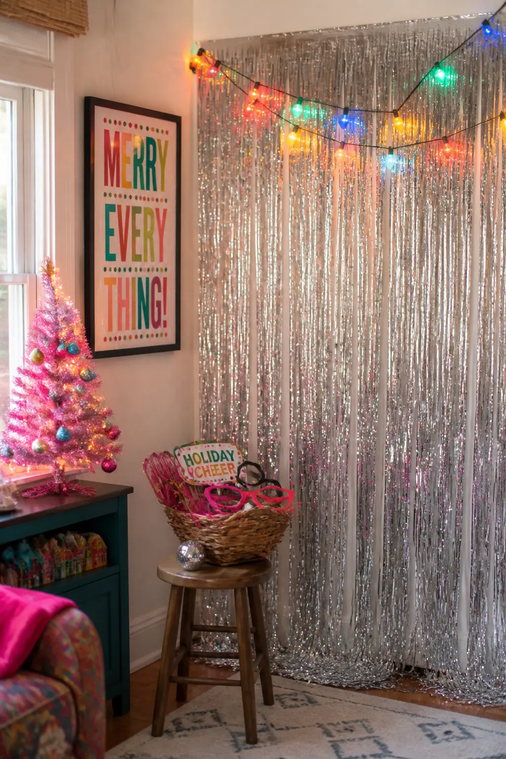 Tinsel Backdrop Photo Corner — A wall of silver tinsel curtain panels hung from a tension rod or a length of dowel creates a photo background that reads as