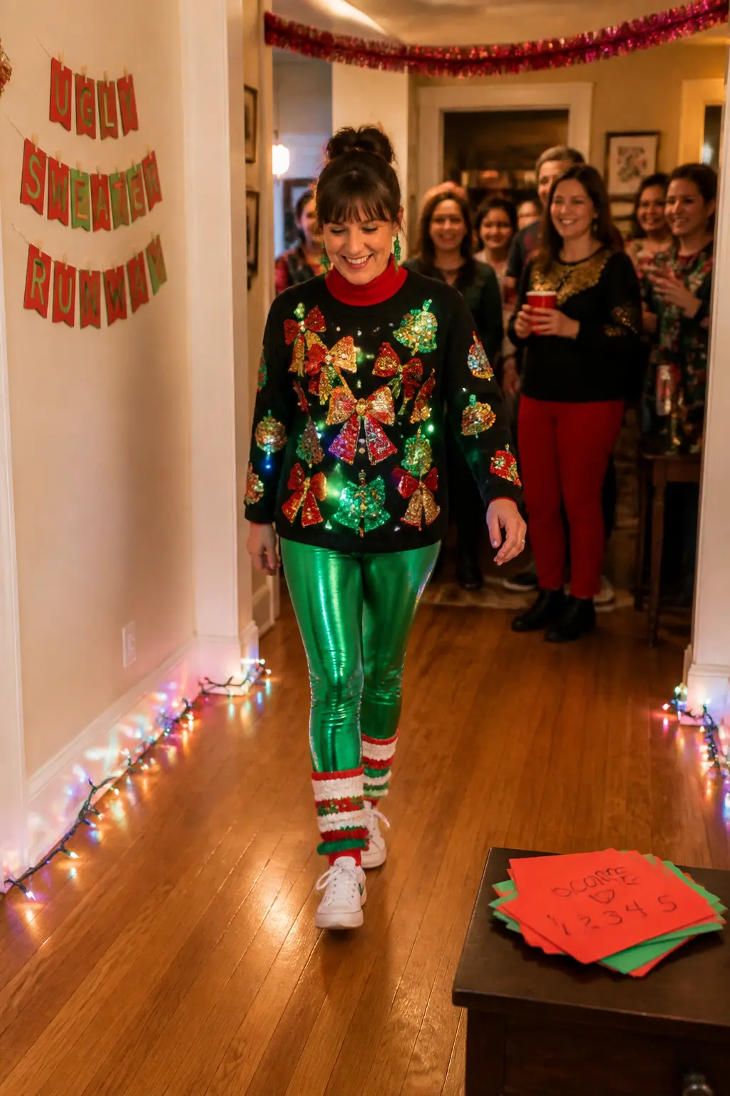 Ugly Sweater Runway — Clear a six-foot stretch of floor, put on a specific song for the walk, and give guests thirty seconds each to make their case for worst