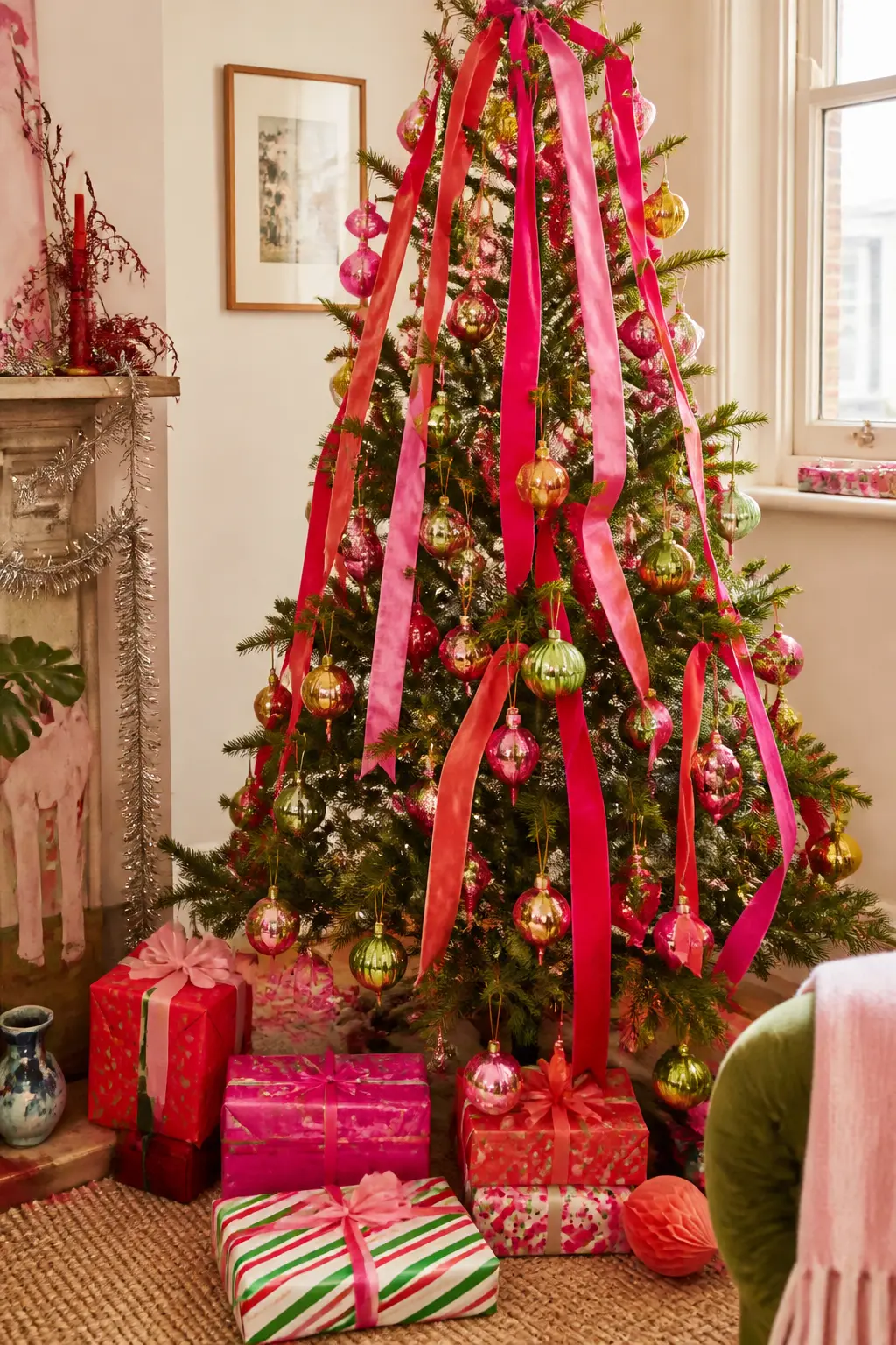 Velvet Ribbon Cascade — Long lengths of velvet ribbon in coral, magenta, and deep teal threaded loosely through the branches and left to hang give a tree its