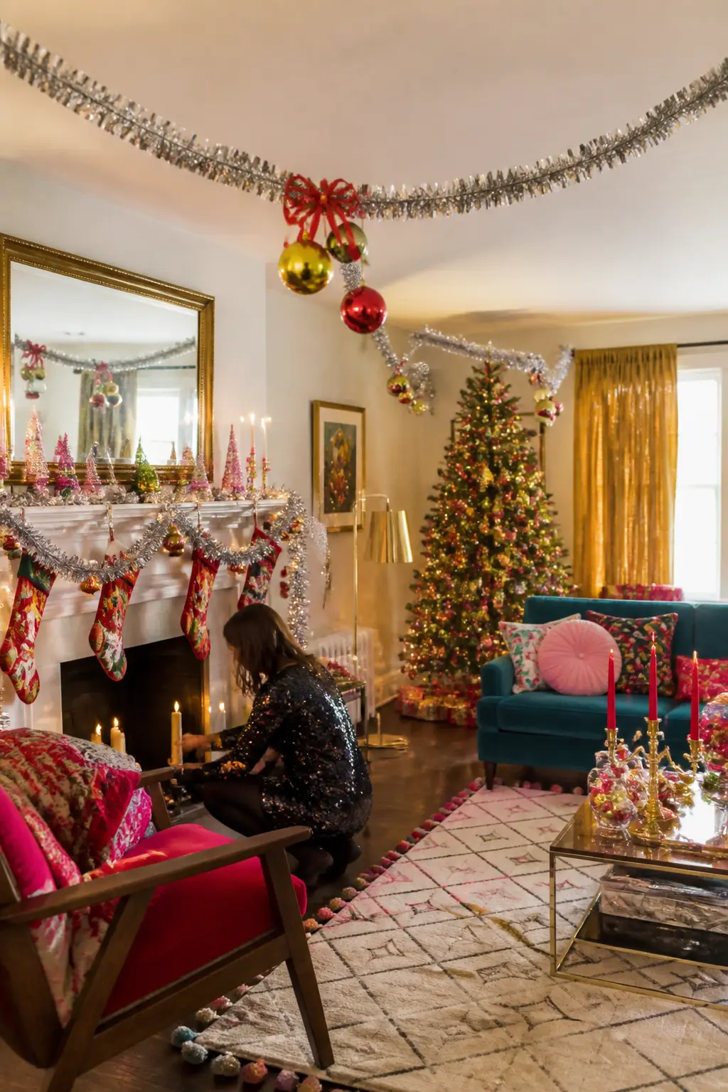 Vintage-Look Tinsel Garland Ceiling Swag — A single long length of tinsel garland swooped in a gentle curve from one corner of a room to the opposite one