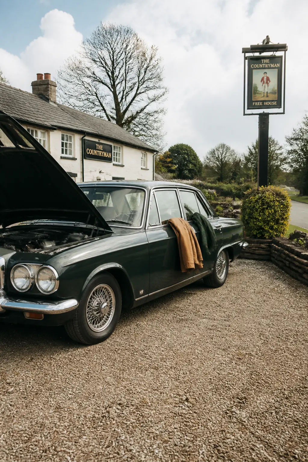 Classic Car Drive Ending at a Pub