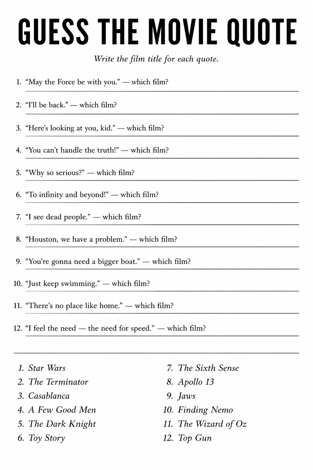 Guess the Movie Quote printable