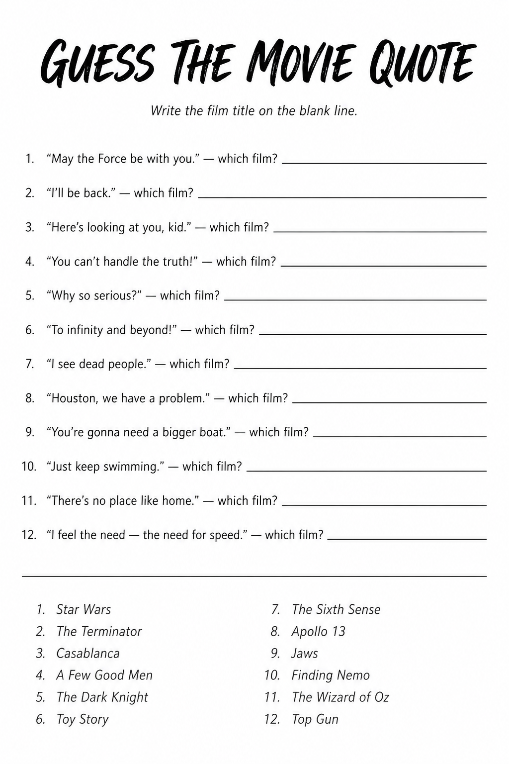 Guess the Movie Quote printable