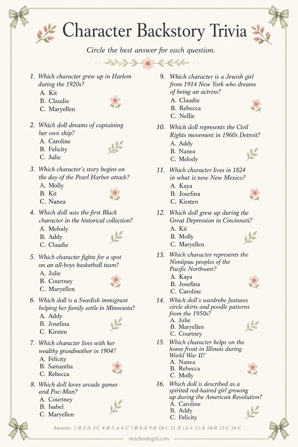 Character Backstory Trivia printable