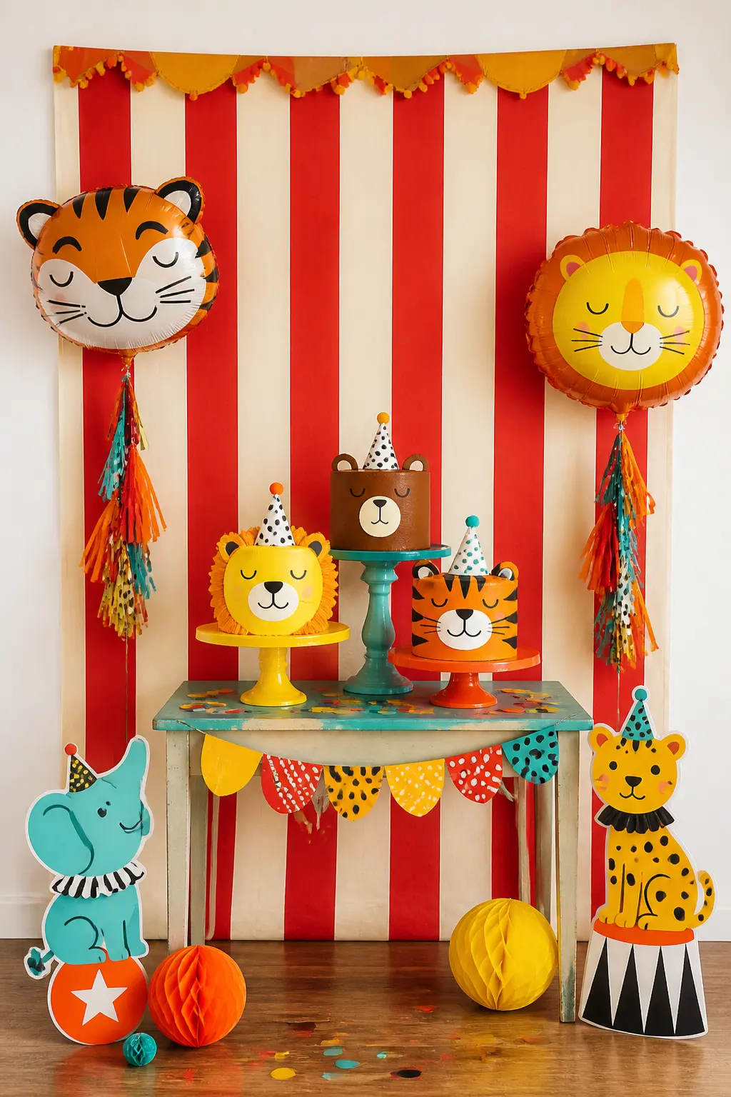 Animal Face Cake Tower — Three round cakes stacked on separate pedestals at staggered heights, each one frosted and decorated as a different animal face: a