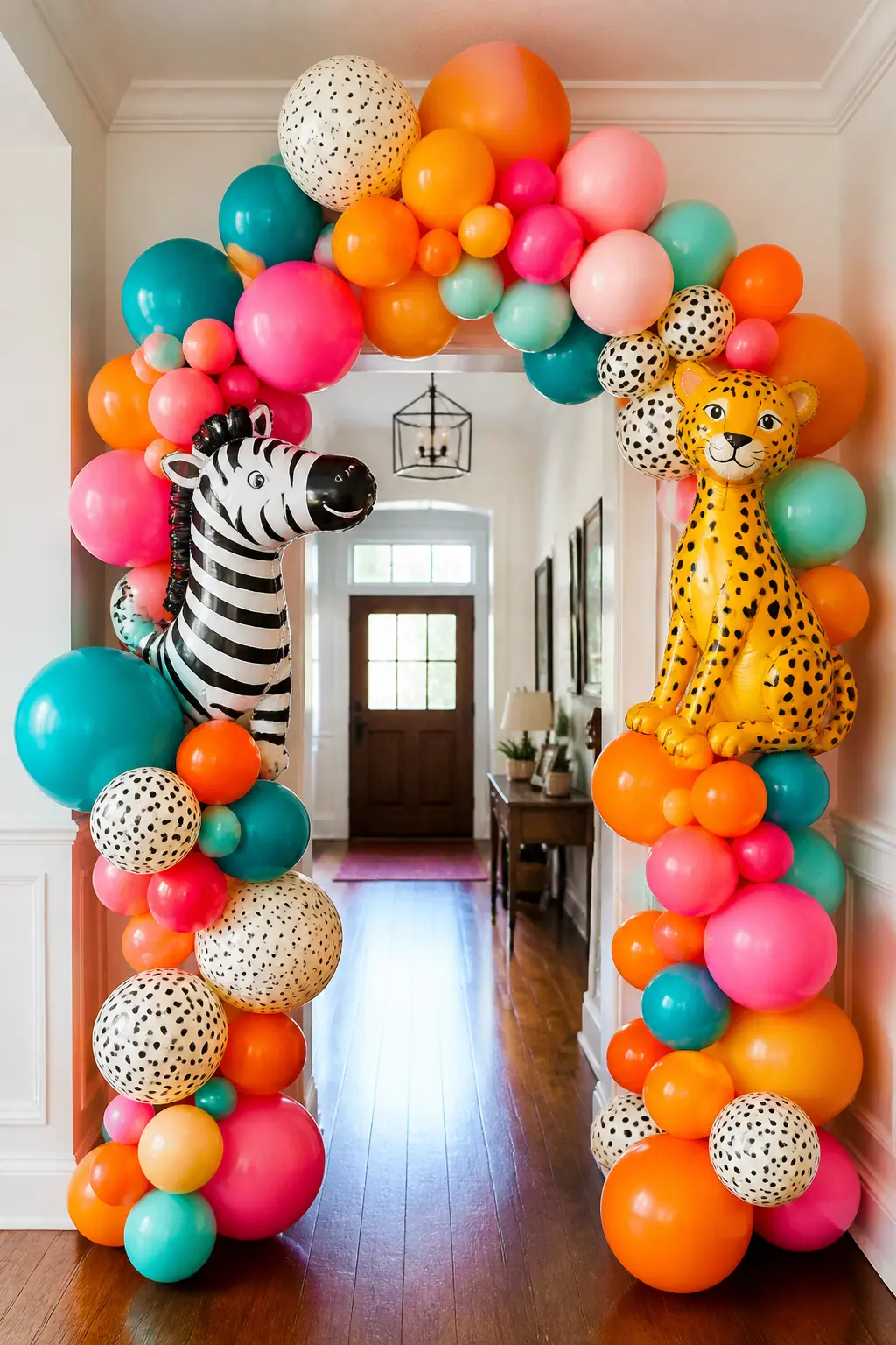Animal Foil Balloon Arch at the Door — A balloon arch framing the front door or the party room entrance does one thing very well: it announces the theme before