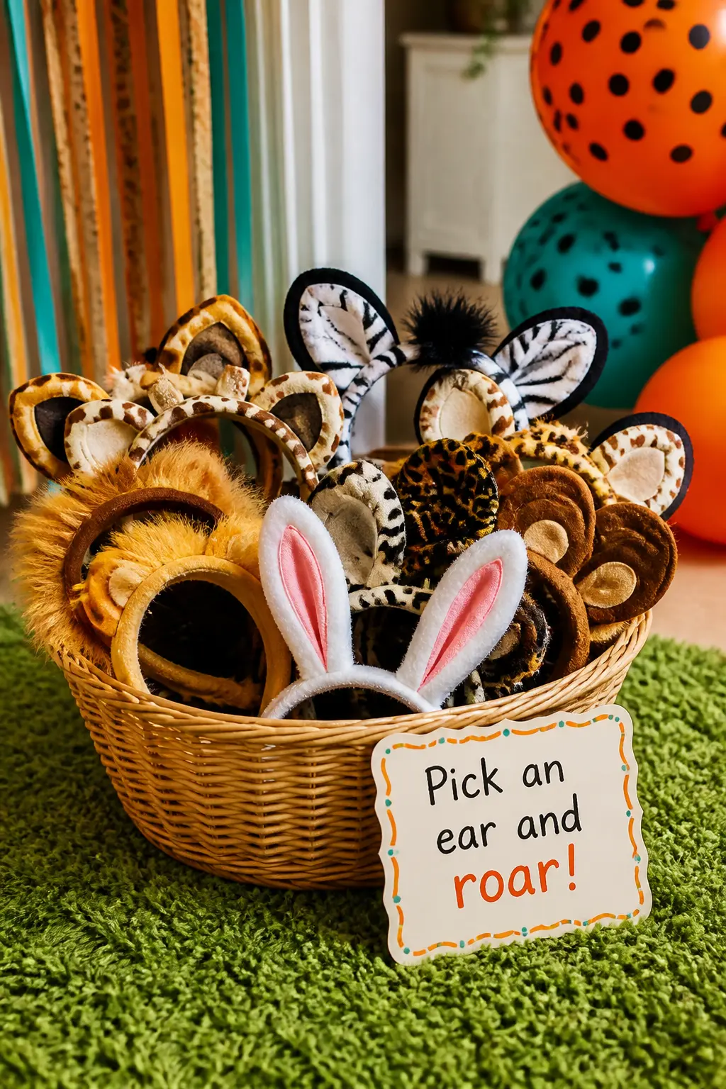 Animal-Ear Headband Photo Prop Basket — A wicker basket set in front of the photo backdrop and filled with animal-ear headbands gives every guest a reason to