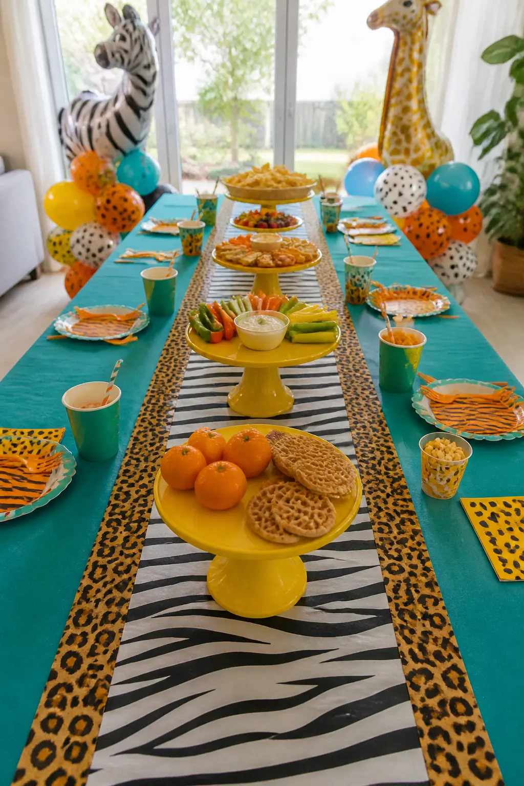 Animal-Print Paper Table Runner — A paper table runner printed in repeating animal patches, zebra on one end and cheetah on the other, costs almost nothing and