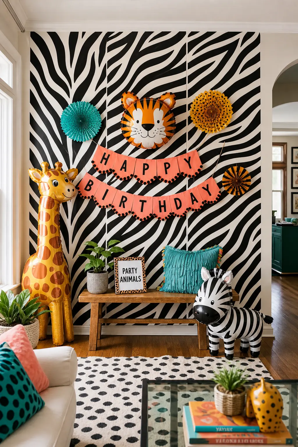 Animal-Print Photo Backdrop Wall — A full-wall backdrop made from three panels of peel-and-stick removable wallpaper in a bold cheetah or zebra print