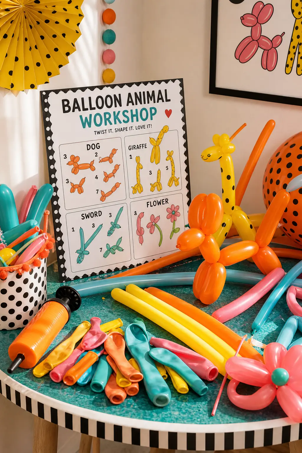 Balloon Animal Workshop Corner — A professional balloon twister booked for ninety minutes is the single highest-return hire at a children's party. Party