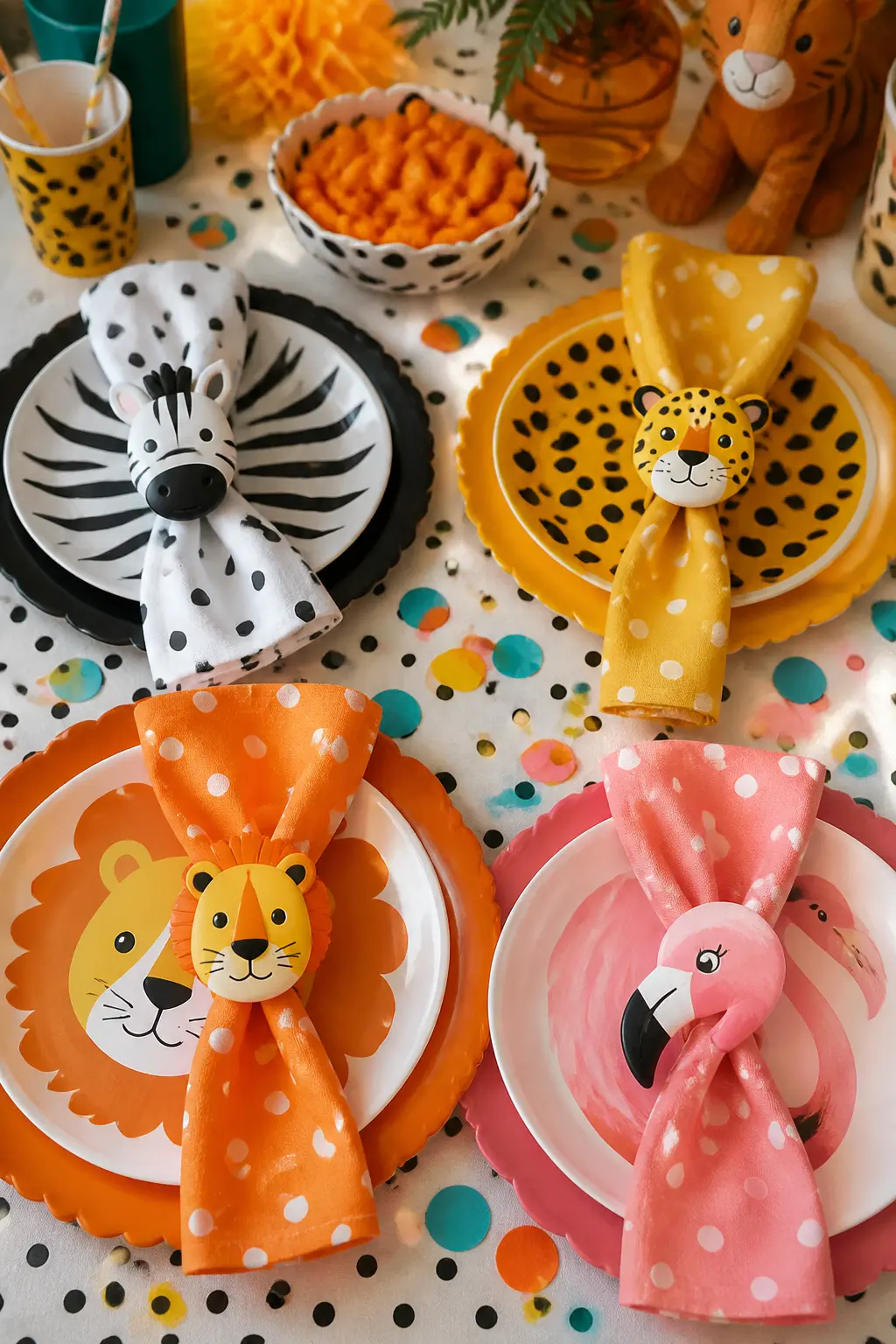 Colour-Coded Animal Place Settings — Give each seat its own animal identity with a colour-coded place setting: a printed animal face napkin ring, a
