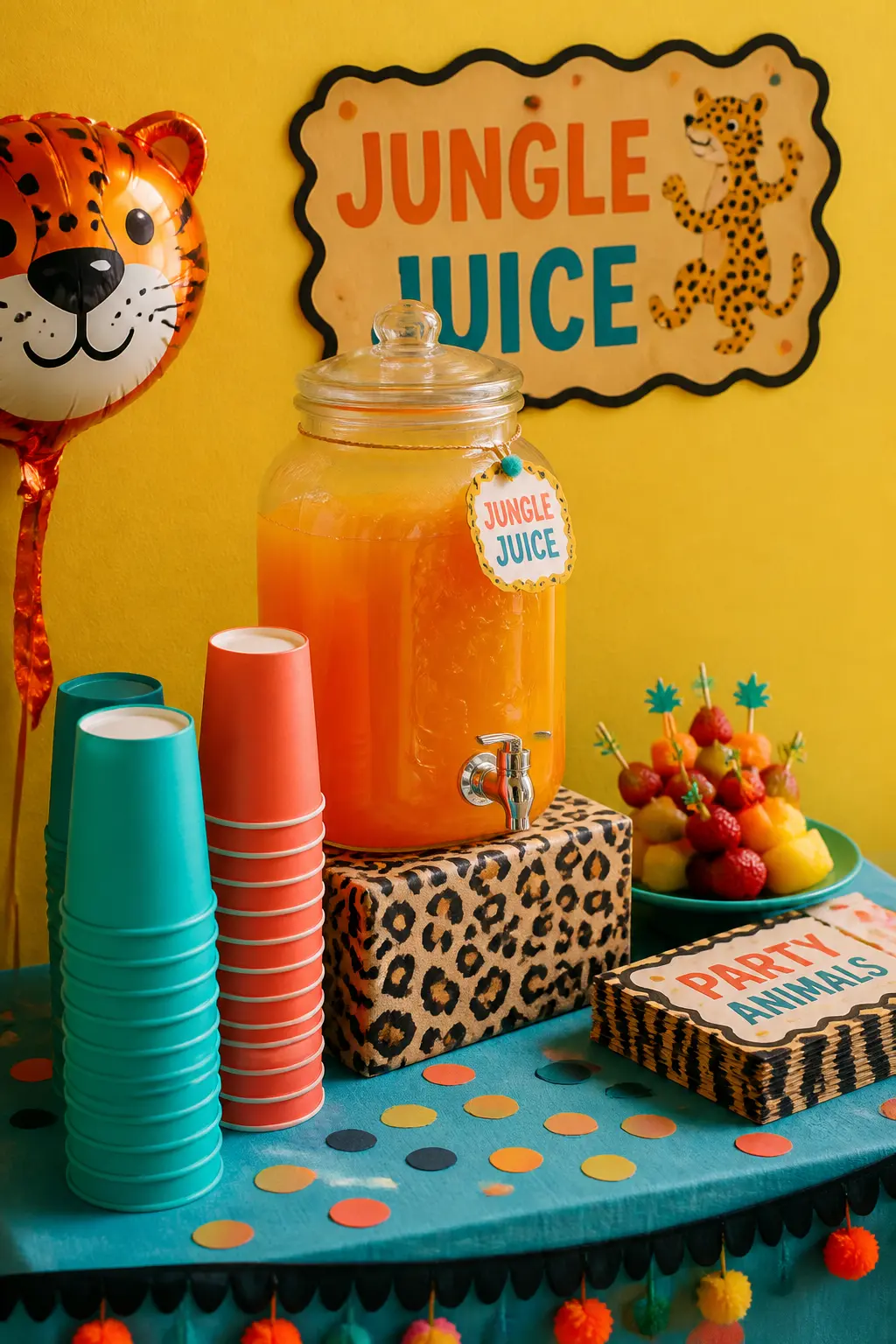 Jungle Juice Drinks Station — A dedicated drinks station separated from the food table keeps the food line moving and gives children one place to go that is