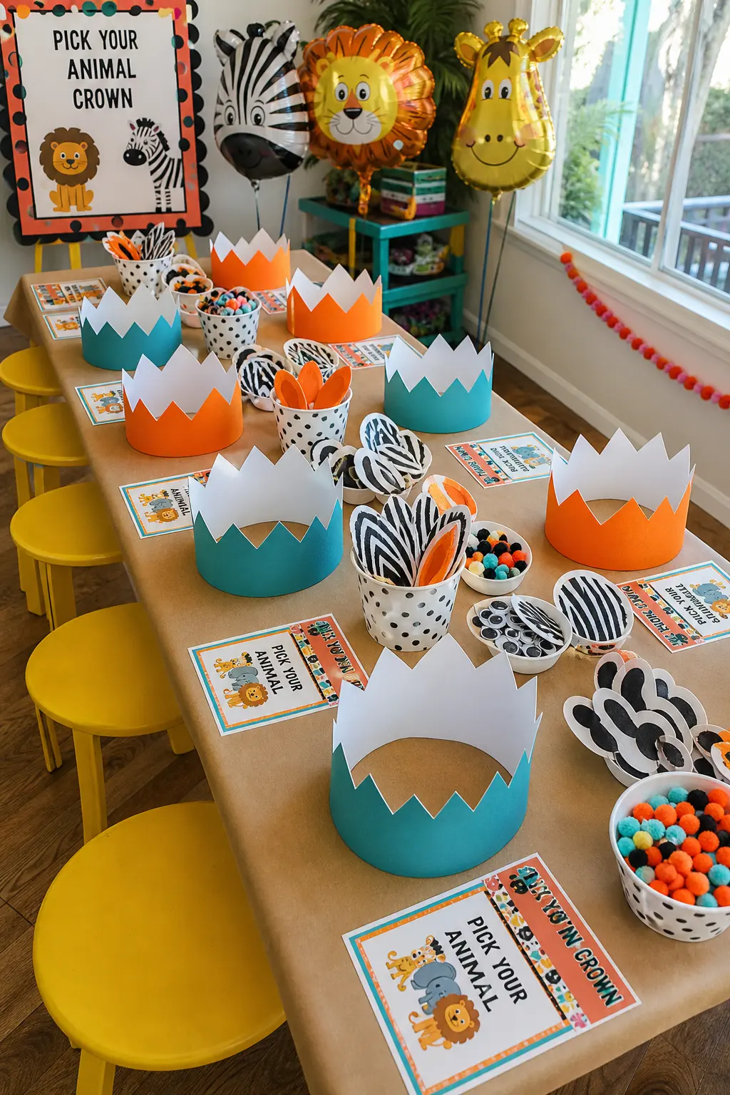 Pick-Your-Animal Crown Craft Table — A long craft table stocked with pre-cut cardstock crown bases and a bin of animal ear cut-outs, googly eyes, pom-poms