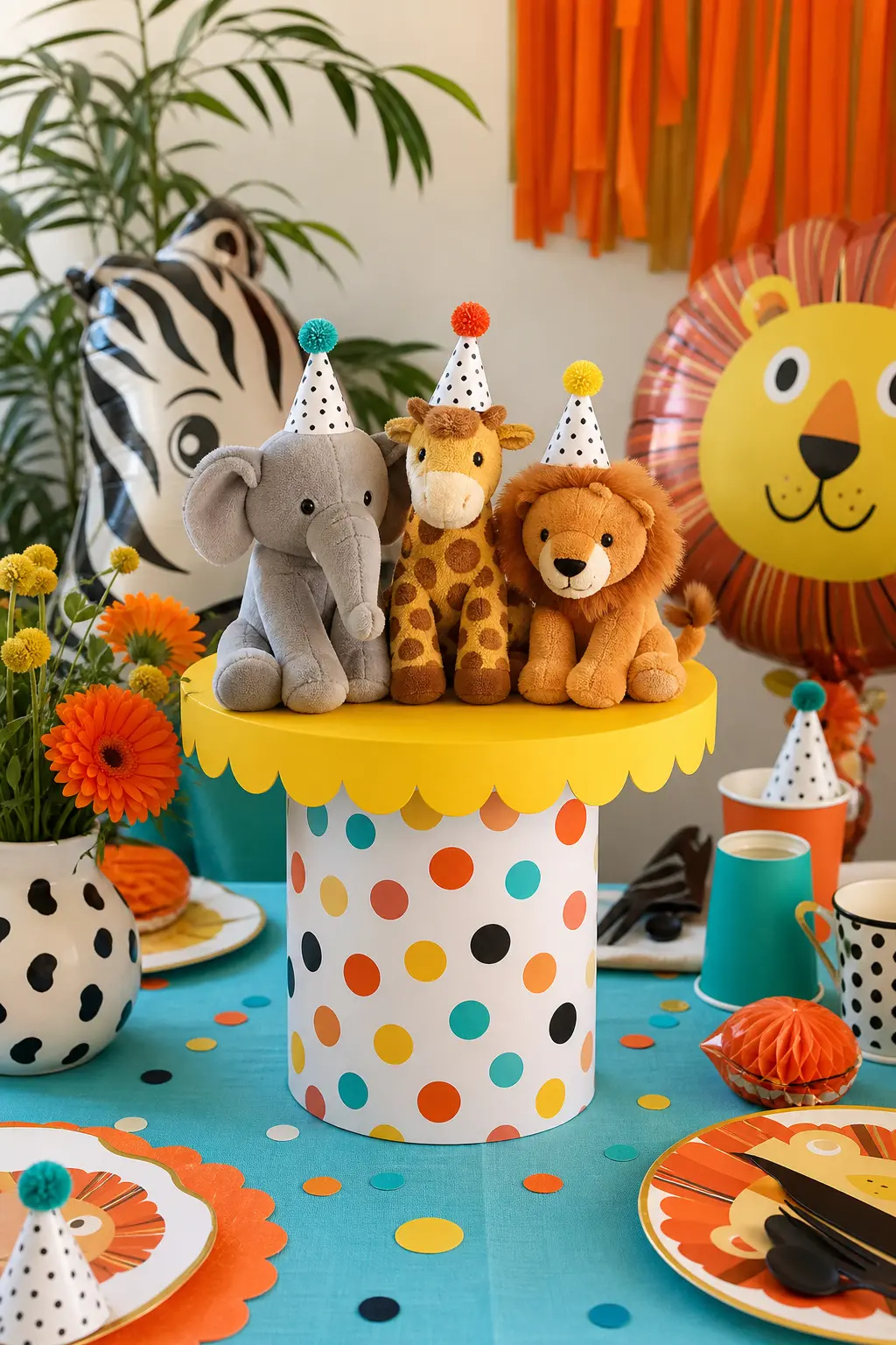 Polka-Dot Pedestal Centrepiece — A cylindrical pedestal wrapped in white paper covered in multicoloured polka dots anchors the middle of the table and doubles