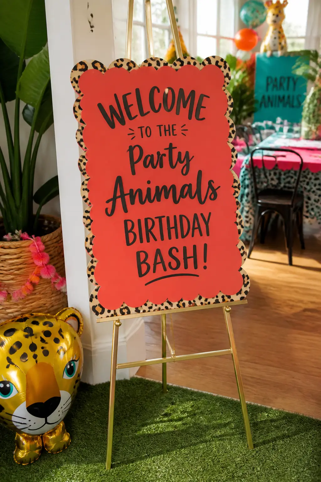Scalloped Welcome Sign on a Easel — A bold welcome sign on a floor easel stops guests at the entrance long enough to register the mood. Party animals birthday