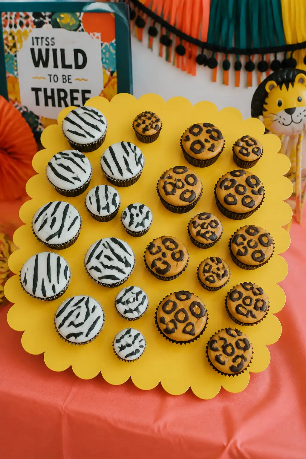 Scallop-Edge Cupcake Display — A flat board edged in a hand-cut yellow scallop border, laid on a table, holds two dozen cupcakes each piped with one of four