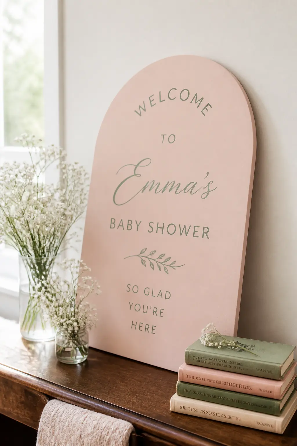 Arched Welcome Sign on Blush Board — A large arched board in matte blush pink, painted or ordered pre-cut, serves as the welcome sign at the entrance table.