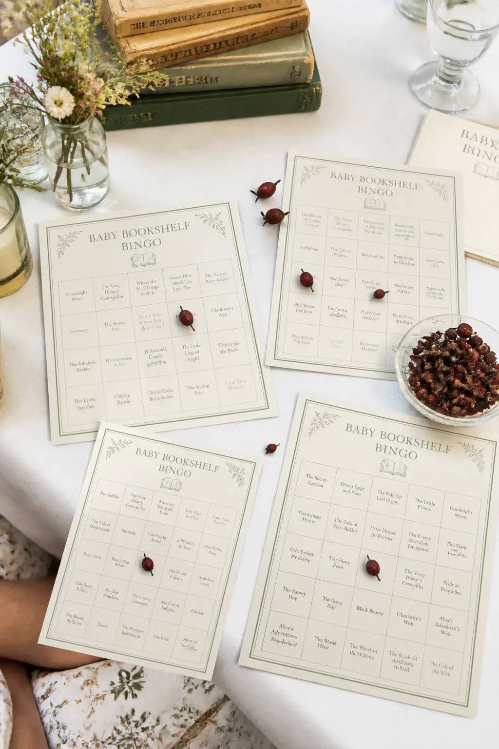 Baby Bookshelf Bingo — Each guest receives a bingo card printed with the names of classic children's books rather than numbers. Another chapter baby shower