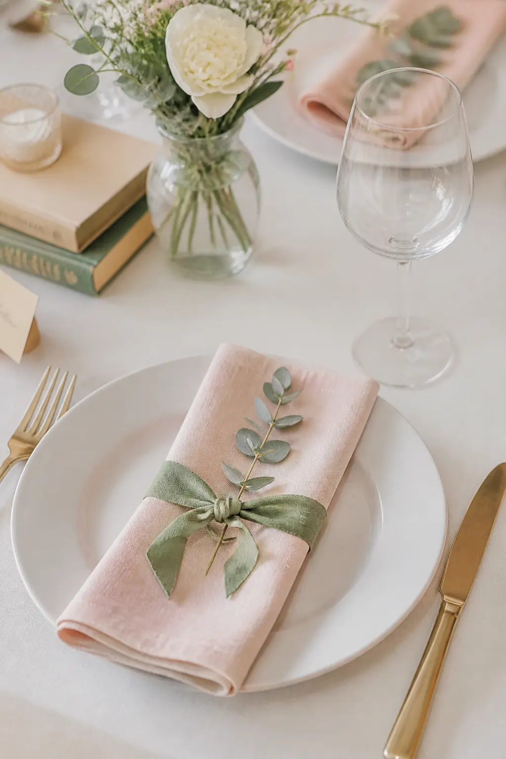 Blush Linen Napkin with Sage Ribbon Tie — Fold blush linen napkins into a simple rectangle, place a single eucalyptus sprig on top, and tie a length of sage